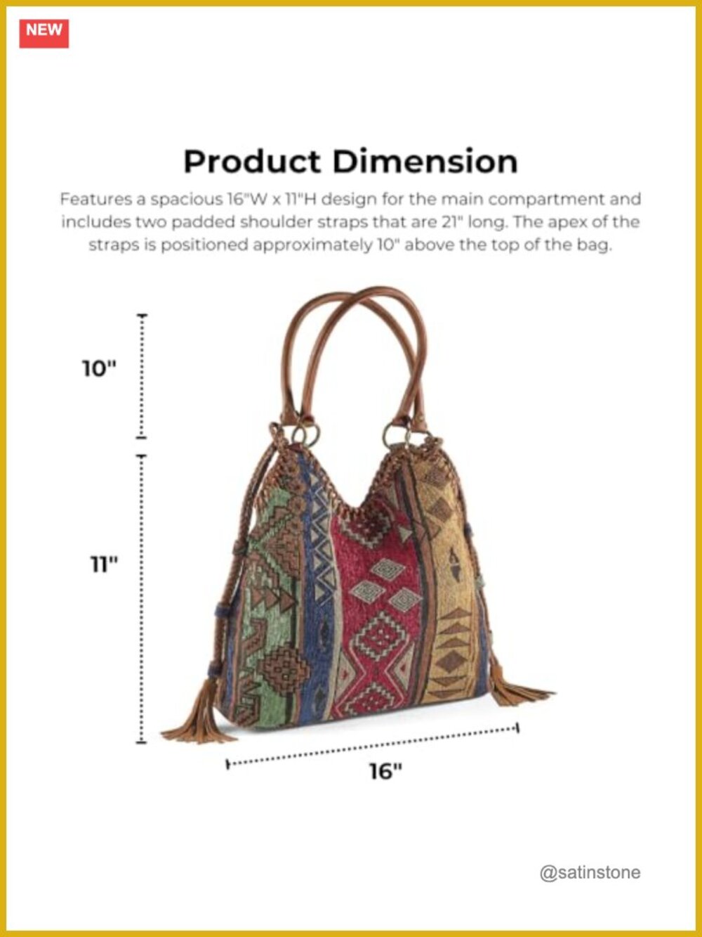 Tapestry Hobo Bag with Snap Closure, Lined Interior, Pockets, Double Handles 21" - Picture 2 of 6